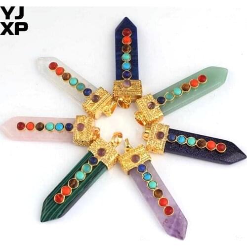 YJXP Vintage Gold Color Sword Shaped with Round Beads 7 Chakra Reiki Healing Lapis Lazuli Rock Crystal Pendant Charms Jewelry