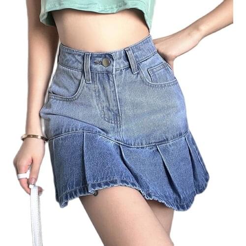 Gradient Denim Pleated Skirt Female High Waist A Line Slim Fit Clothes Retro Wild Summer High Street 2021 Womens Short Skirts
