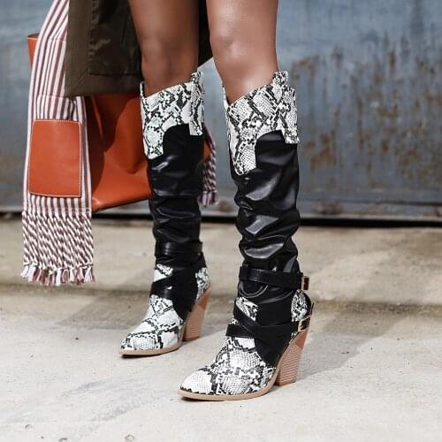 New Snake Print Stitching Boots Mixed Colors Buckle Knee High Boots Winter Women Shoes Pointed Toe Cowgirl Boots Western Boots