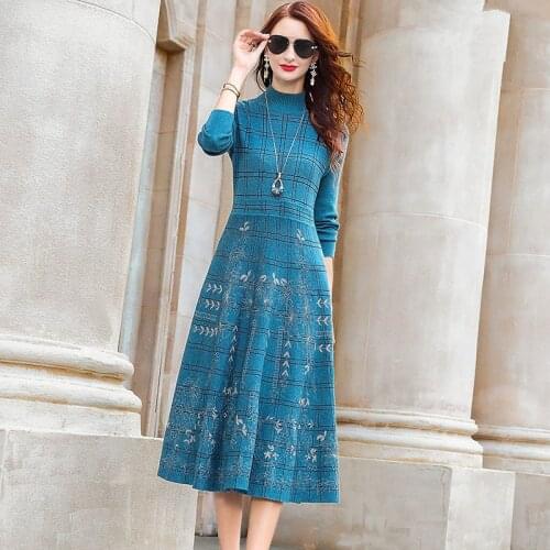 Womens Autumn Winter Bottom Solid Dresses Elegant A-line Knit Dress Women Long Sleeve Slim Waist Basic Sweater Dresses