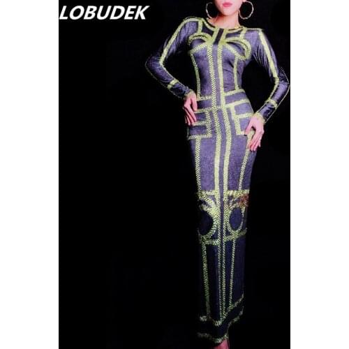 Fashion Women Prom Party Celebration Crystals Dress Long Sleeve Green Rhinestones Long Dress Singer Star Host Show Stage Costume