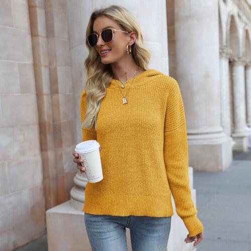 Winter Hooded Solid Color Clothes Knitted Sweaters Top Spring Autumn Long-Sleeved Pullover Slim Womens Sweater Pull Jumper