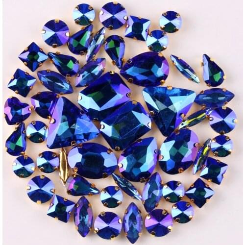 Gold claw setting 50pcs/bag 11 shapes mix Sapphire AB glass crystal sew on rhinestone Crystals wedding dress shoes bags diy