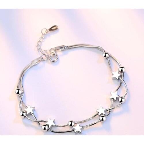 925 Sterling Silver Double Layers Stars Round Beads Charm Bracelets For Women Elegant Box Chain Jewelry sl218