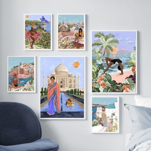 Abstract Girl Taj Mahal Tiger Sea Beach Wall Art Canvas Painting Nordic Posters And Prints Wall Pictures For Living Room Decor