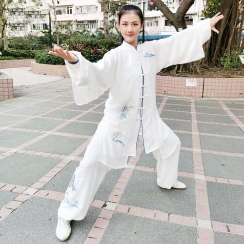 White Tai Chi Uniform Martial Arts Clothes Embroidery Performance Costumes Chinese Folk Morning Sportswear Kung Fu Outfit TA2055