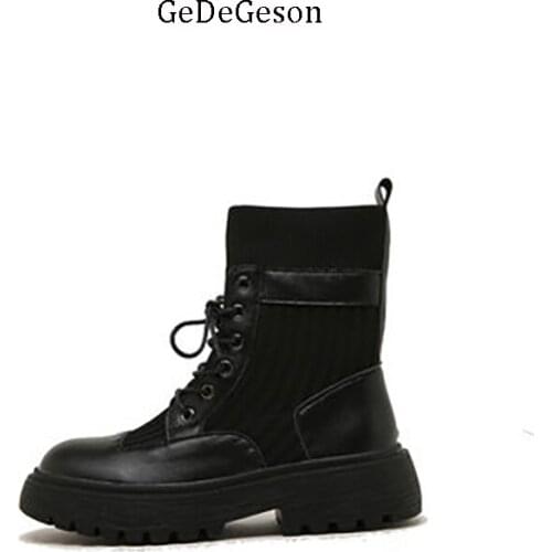 High End Boots Female High Platform Cowhide Lace-up Knit Boots Tube Fashion High increasing Shoes