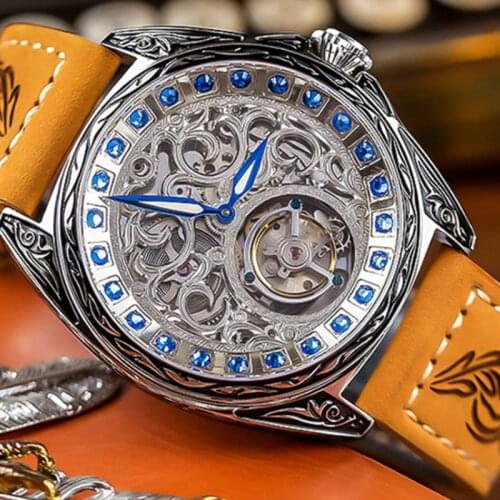 Fashion Big Dial Full Automatic Tourbillon Mechanical Watch Mens Crystal Diamond Antique Men Skeleton Watches Luminous Pointer