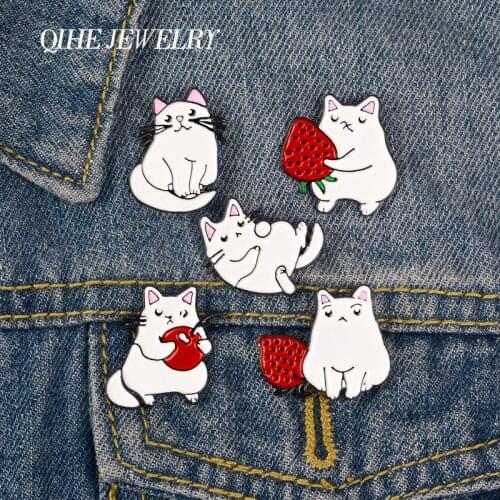 QIHE JEWELRY Fat cat pets animal pins Play with me cute daily life brooches Fruit toys badges Lovely pins gifts for friends