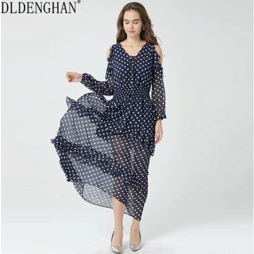 DLDENGHAN Fashion Dots Print Maxi Dresss V-Neck Strapless Long Sleeve Ruffle Elastic Waist Vacation Chiffon Dresses