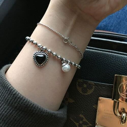 HKMMH 925 Sterling Silver Black Love Heasrt Zircon Pearl Bracelet Fashion Temperament Simple Beautiful Beaded Couple Jewelry