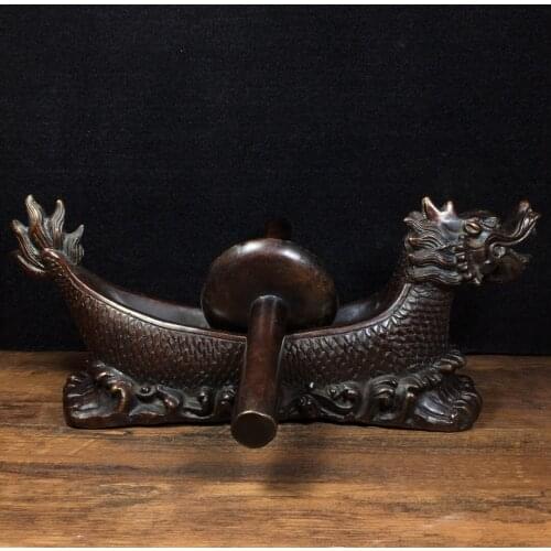 12"Chinese Folk Collection Old Bronze Cinnabar Dragon boat statue Medicine mill Milling tools Office Ornaments