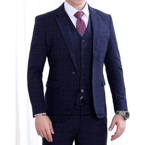Classic Plaid Professional Mens Suits Office Formal Business Blazer Wedding Groom 3 Piece Sets Costume Homme (Jacket+Vest+Pants)