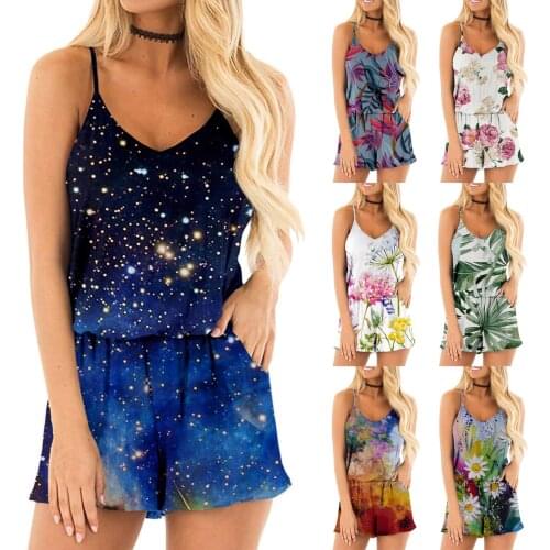 2021 NEW Womens Summer Flower Print Jumpsuit Casual Slim Short Sleeve V-Neck Beach Rompers Sleeveless Bodycon Sexy Playsuit