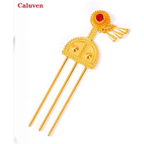 Red Stone Ethiopian hairpin Gold hair piece from Africa Dubai Pin / banasha hair sticks hair pieces Bridal Jewerly