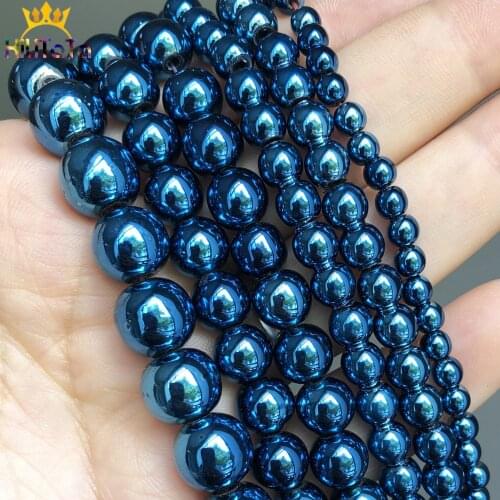 Natural Stone Dark Blue Plated Hematite Round Loose Spacer Beads For Jewelry DIY Making Bracelet Accessories 15'' 3 4 6 8 10mm