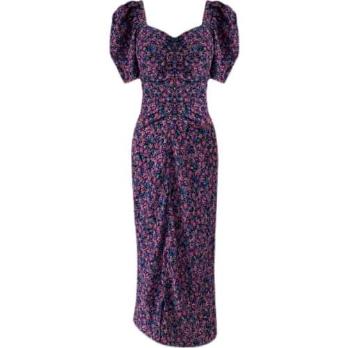 Frenhc style summer vintage floral puff sleeve slim dress women square collar split purple dress