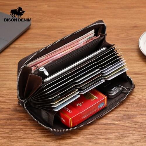 BISON DENIM Genuine leather Wallet Men Zipper Coin Pocket Long Purse Male Passport Cover RFID Blocking Card Holder Wallet W8226