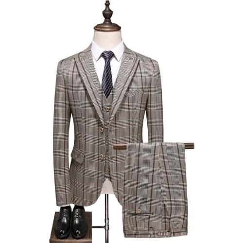 Khaki Wedding Suit Men 2021 Elegant 3 Pieces Wedding Suits for Men Tuxedo Plaid Suits Latest Coat Vest Pant Designs
