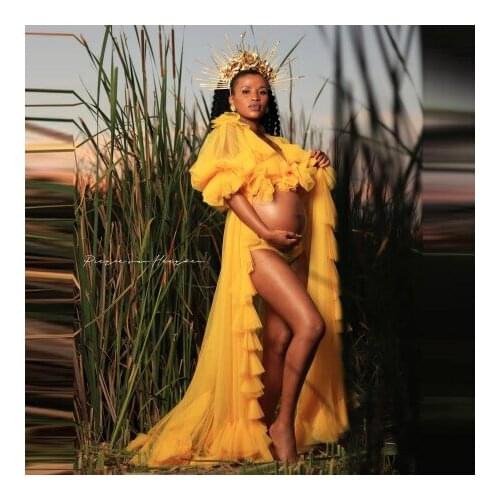 Sexy Aso Ebi Tulle Maternity Dress For Photo Shoot Short Sleeves Ruffles Tiered Long Custom Made Bridal Pregnancy Gowns