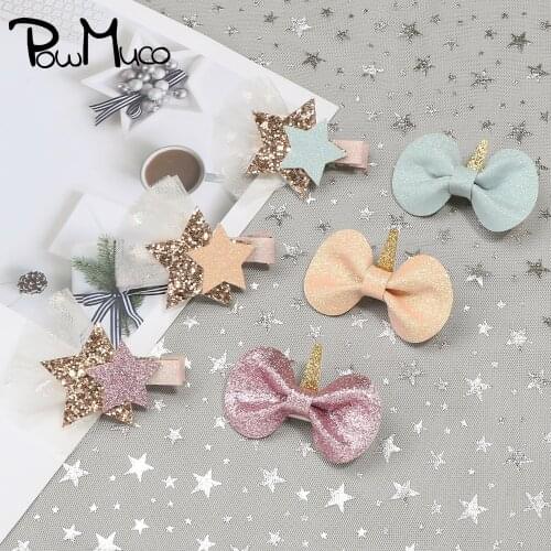 Powmuco Lovely Unicorn Cartoon Pattern Infant Hair Clips Glitter Sequins Stars Toddler Hairpins Handmade Bows Headwear 9 Colors
