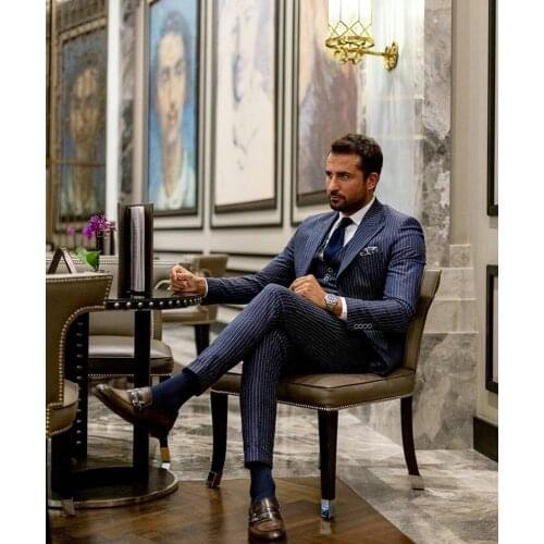 British Style Navy Striped Wedding Suits Peaked Lapel Groom Formal Wear Prom Tuxedos Best Man Blazer Suit (Jacket+Vest+Pants)