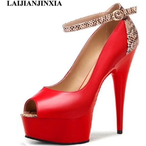 LAIJIANJINXIA Sexy Peep Toe 15cm Thin High Heels Wedding Party Dress Women Pole Dance Shoes Sandals Dancing Shoes Red/Black