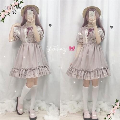 Japanese Women Lolita Lace Ruffles Kawaii Dresses Short Sleeve High Waist Cosplay Dress Preppy Style Vintage Pink Party Dress