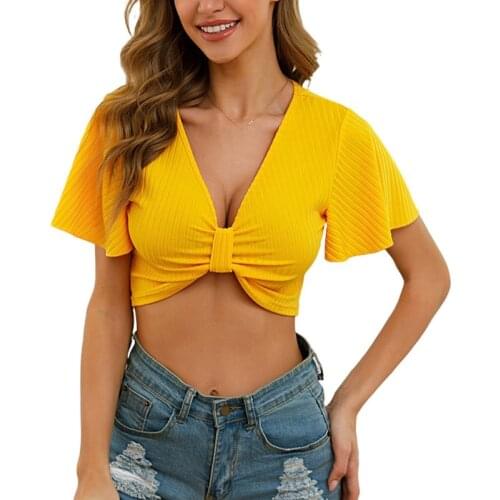 DAXIN European Style Women Sexy Deep V-Neck T Shirts Summer Casual Short Sleeve Solid Color Tops Female Crop Top Ladies Shirt