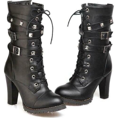 Womens Shoes Combat Military Ankle Boots Buckle Strap Spike Lace up High Heel
