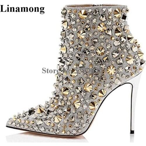 Women Charming Style Pointed Toe Gold Sliver Rivet Thin Heel Short Boots Sexy Stiletto Heel Spike High Heel Ankle Booties