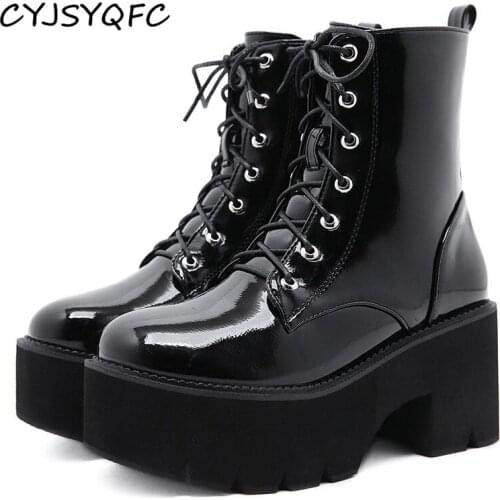 CYJSYQFC Women Lace Up Autumn Boots Black Patent Leather Chunky Heels Platform Ankle Boot Punk Gothic Style Lady Demonia Booties
