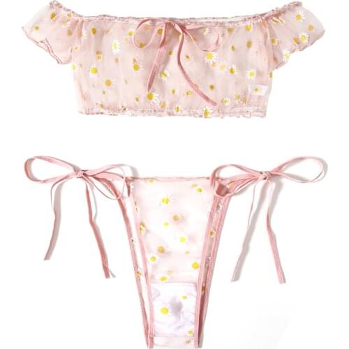 Women Sexy Mesh Lingerie Set, Off Shoulder Daisy Print Bra and Panty Set Nightwear 2021 New Fashion