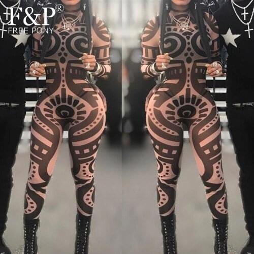 Burning Man Festival Bodysuit Women Tribal Geometric Tattoo Print Mesh Jumpsuit Curvy African Aztec Bodysuit Celebrity Catsuit