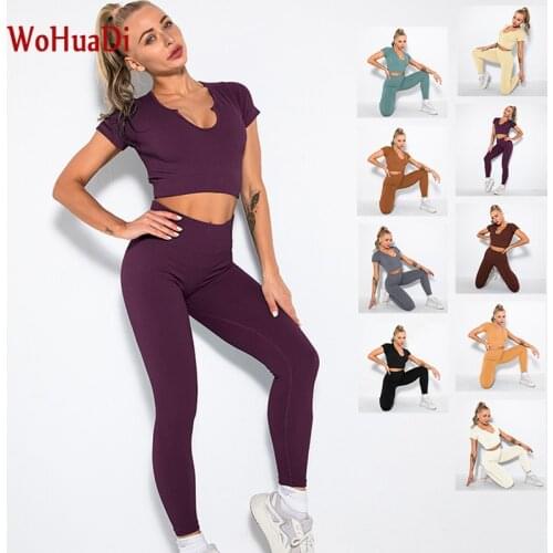 WOHUADI Seamless Sports Suits Women Yoga Set Workout Sportswear Gym Clothing Fitness Short Sleeve Crop Top High Waist Leggings