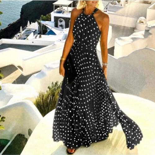 Summer Dress Femme Robe Boho Sexy Halter Print Pleated Long Dress For Women Sweet O Neck Beach Maxi Dresses Sleeveless Vestidos