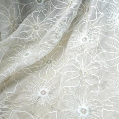 1 Yard Lotus Flowers Lace Fabric Off white with Gold Thread Embroidered Lace Fabric For DIY Sewing Evening Dress Party Gown