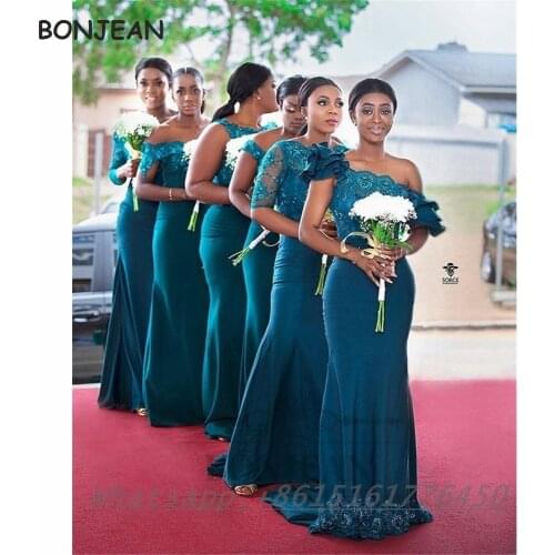 2021 Dark Green Bridesmaid Dresses Mermaid One Shoulder Elastic Satin Floor Length South African Bridesmaid Dress Party Dress