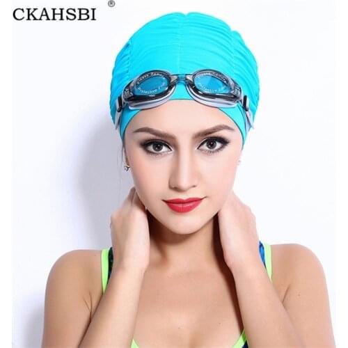 CKAHSBI Adults Free Size Swimming Cap Long Hair Sports Swim Outdoor Pleated Hat Elastic Nylon Turban For Women Men Swimwear Cap