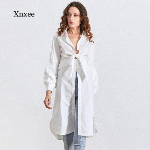 White Bow Long Sexy Long t Shirts Female Deep V Necck Lantern Sleeve High Waist Lace Up Top Tunic Blouse Women Fashion Clothing