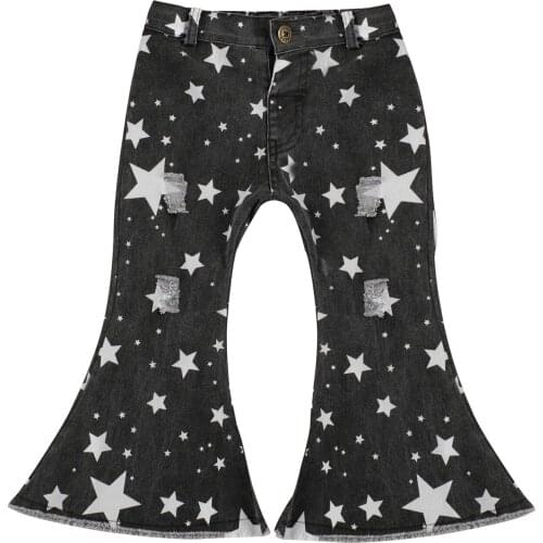 1-6Y Kids Girl Pants Ruffle Flared Trousers Ripped Hole Warm Winter Fall High Waist Wide-Leg Denim Star Printed Clothes
