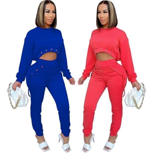 Ready to Ship New style fashion round neck long sleeve crop top bandage long pants solid color casual 2 piece set