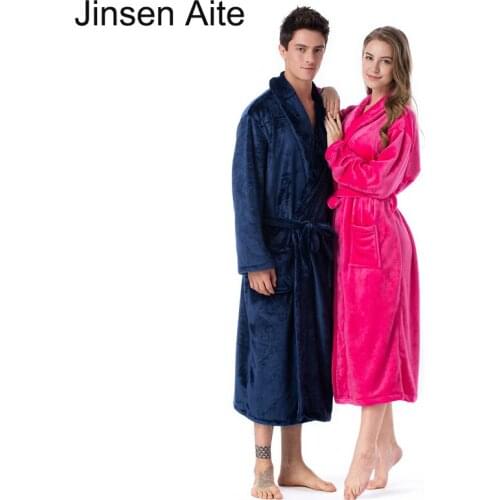 Jinsen Aite New Winter Warm Flannel Bathrobe Women Lace Up Sashes Night Sleepwear Plus Size Men Couple Gown Bride Robes JS848