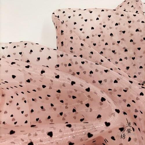 50cm Black Heart Flocked Mesh Tulle Guipure Lace Fabric High Quality Bridal Dress Wedding Decoration Sewing Pink Organza Fabric