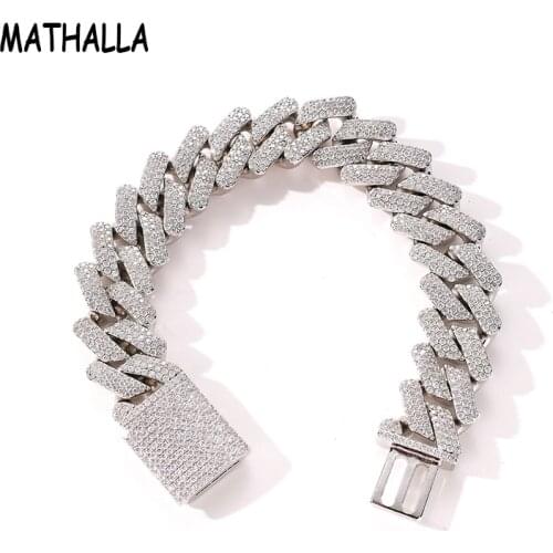 MATHALLA 20mm Miami Buckle Cuban Chain Bracelet HipHop Jewelry Punk Bracelet Ice Out AAA Cubic Zircon Heavy Mens Bracelet