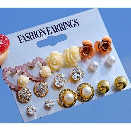 IFMIA 2020 Fashion 12/ 9 Pairs Womens Pearl Flower Crystal Studs Earrings Set Girls Elegant Rose Flower Heart Ear Jewelry Party