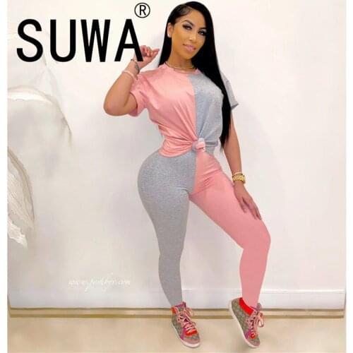 Fashion contrast color spliced women sports set o-neck short sleeve tops and leggings 2 piece set casual fitness suits