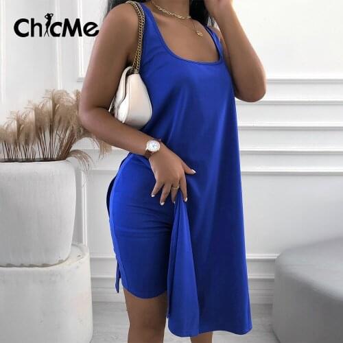 Chicme Fashion Summer High Slit Loose Sleeveless Tank Top & Skinny Shorts Set Casual Two Pieces Suit Comfortable Daily Homewear