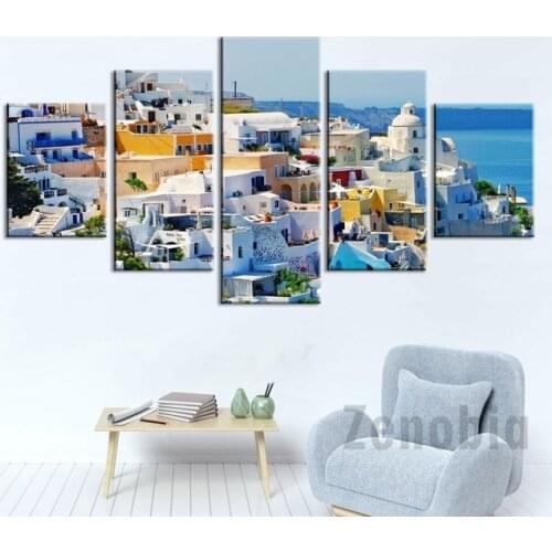 Modular Wall Art Canvas Painting 5 Pieces HD Prints Greece Santorini Island Pictures Home Decor Beautiful Scenery Poster Frame