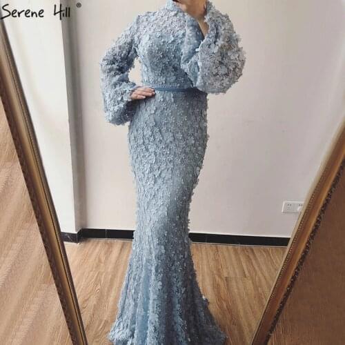Muslim Blue Long Sleeves Mermaid Prom Dresses Handmade Flowers Tulle Prom Gowns 2020 Serene Hill Plus Size BLA6293